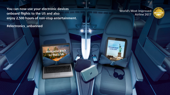 You can now use your electronic devices onboard flights to the US and also enjoy 2500 hours of non-stop entertainment. Fly SAUDIA. SkyTrax Awards Winner for World's Most Improved Airline 2017.
